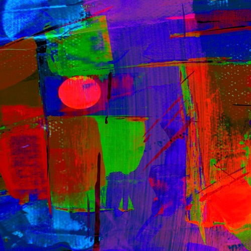 Energetic abstract artwork featuring bold reds, greens, and blues in a dynamic composition.